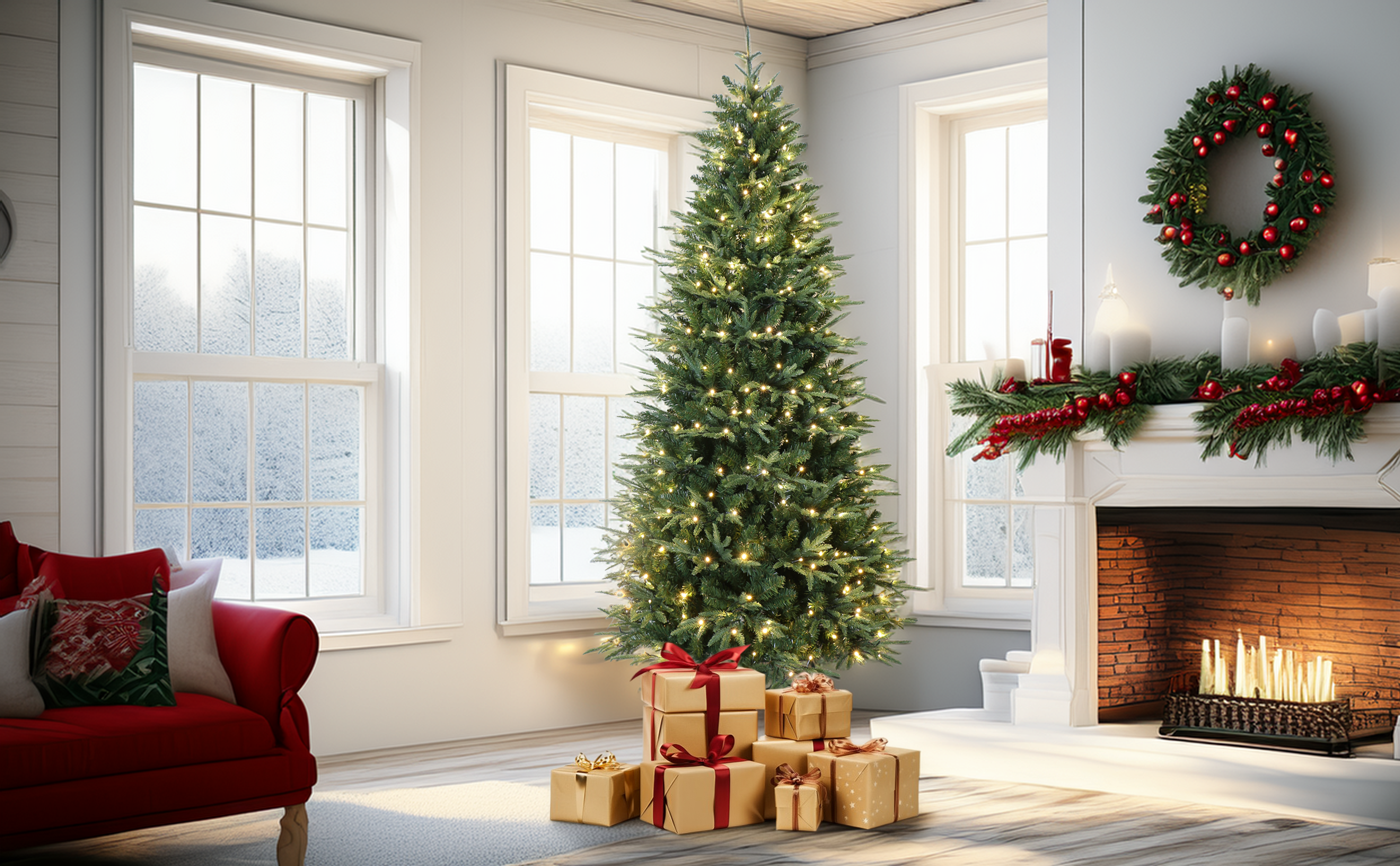 Luxury Real Feel Forest Fir Slim Christmas Tree Pre-lit with Dual Color LEDs