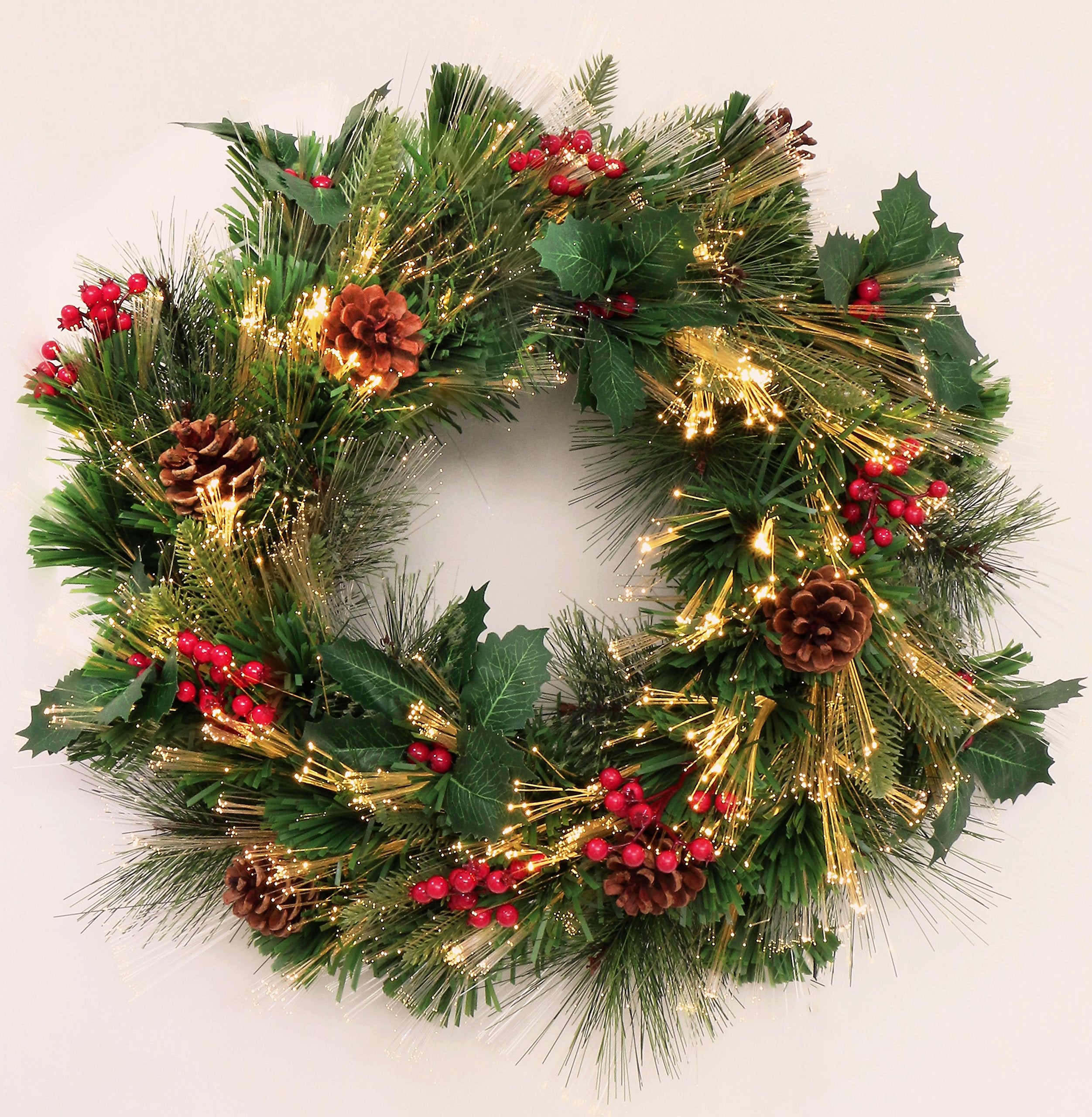 Christmas Wreath and Garland Prelit with Fiber Optic LED Lights Green Color Decorated (Plug in, 24in)