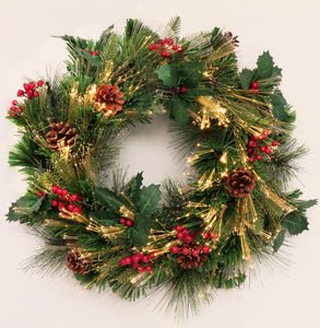 Christmas Wreath and Garland Prelit with Fiber Optic LED Lights Green Color Decorated (Plug in, 24in)