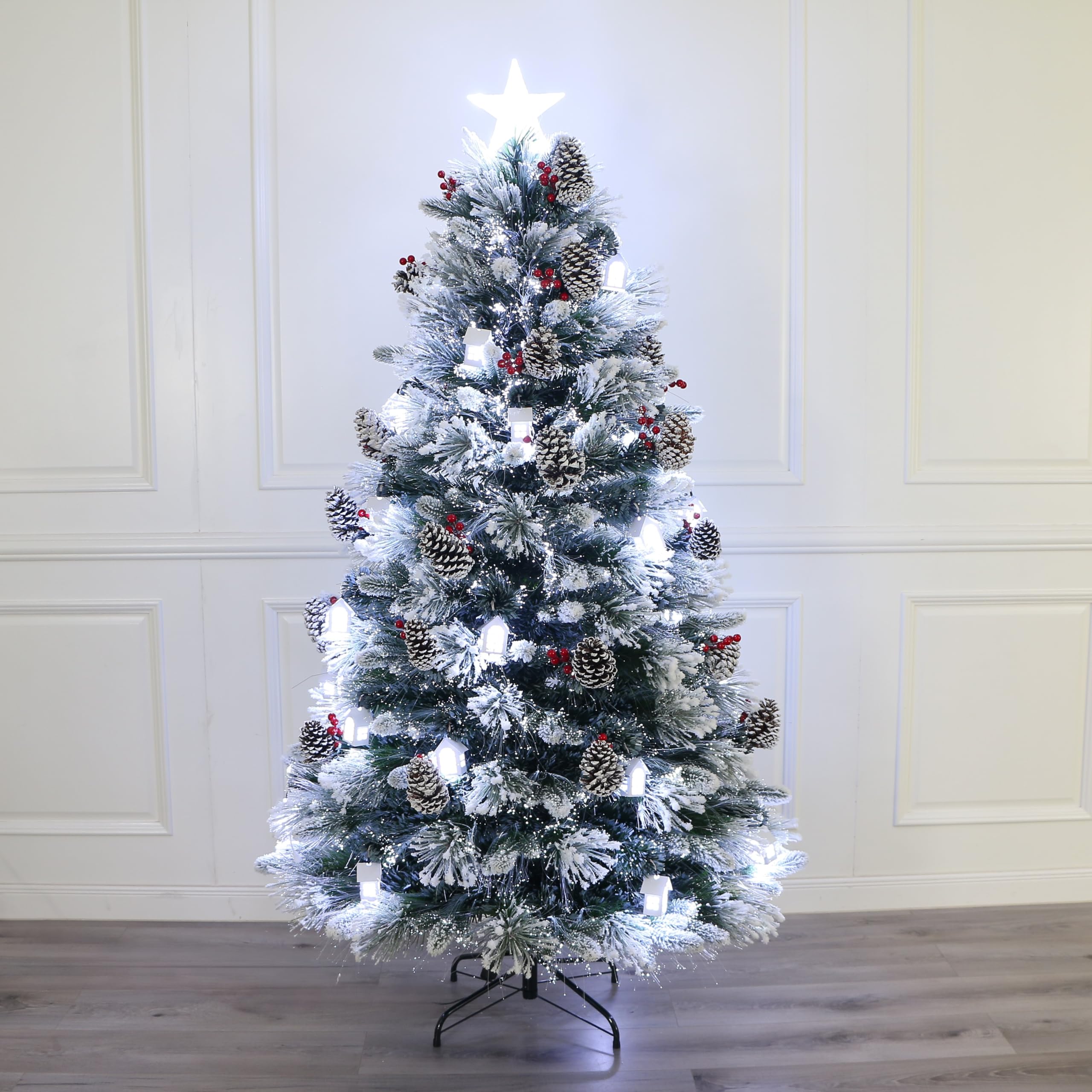 Pre-Lit Decorated Little White House Christmas Tree, Pre-lit Cool White Lights