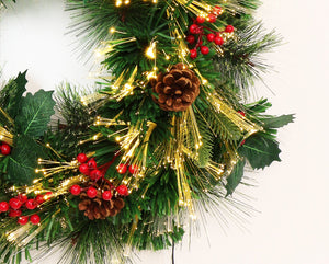 Christmas Wreath and Garland Prelit with Fiber Optic LED Lights Green Color Decorated (Plug in, 24in)