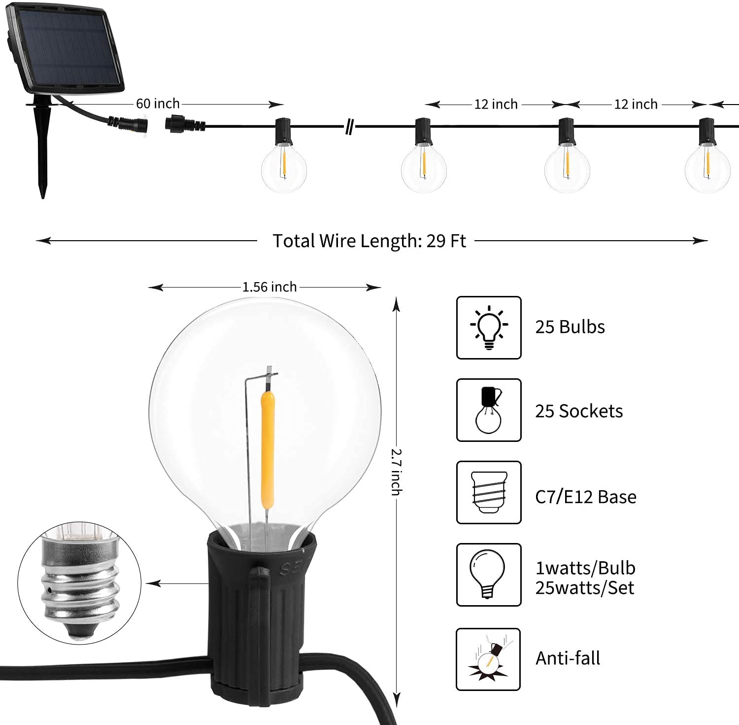 Holiday Stuff 25Ft G40 25+2 LED Solar Powered Outdoor String Lights/Patio Lights