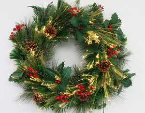 Christmas Wreath and Garland Prelit with Fiber Optic LED Lights Green Color Decorated (Plug in, 24in)