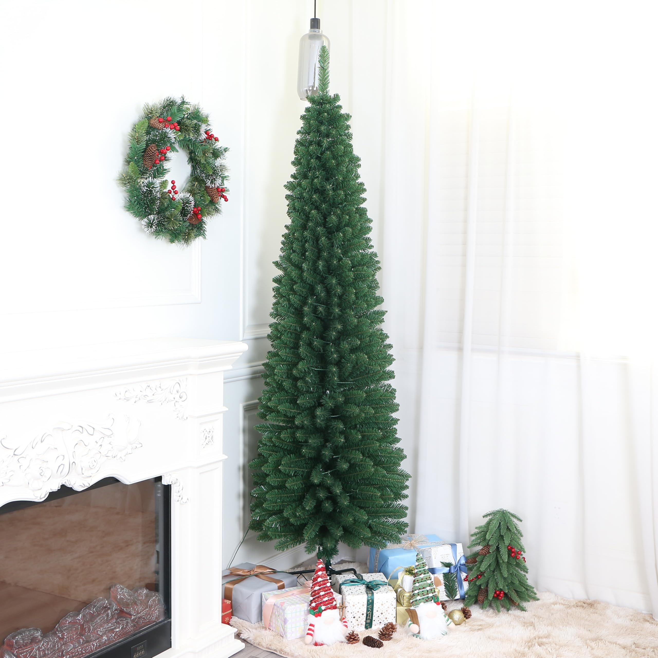 Classic Green Pine Pencil Christmas Tree Pre-lit with Warm White LED Lights