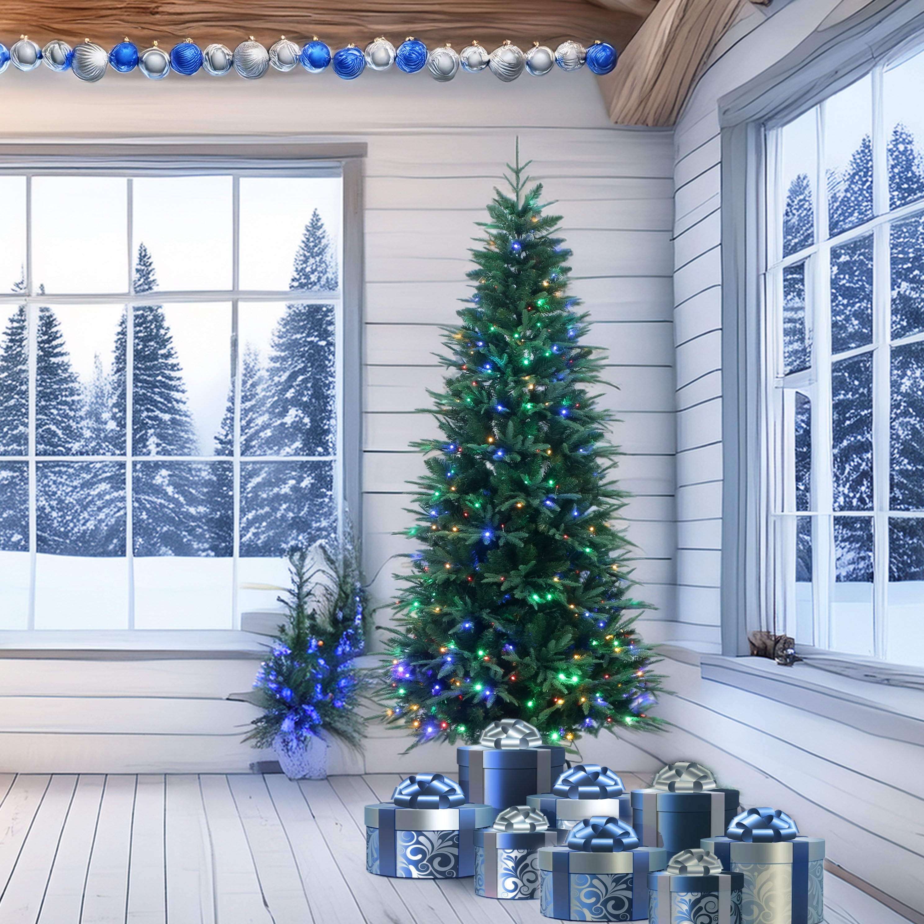 Luxury Real Feel Forest Fir Slim Christmas Tree Pre-lit with Dual Color LEDs